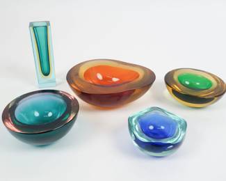 Vintage Group 5  Italian Murano Sommerso Art Glass Geode Bowls Vase