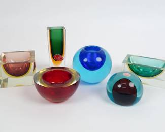 Vintage Group 6 Italian Murano Sommerso Art Glass Geode Bowls Vase, Paperweight