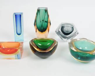 Vintage Group 6 Italian Murano Sommerso Art Glass Geode Bowls, Vases