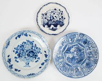 Antique 3 Continental European Blue and White Pottery Plates