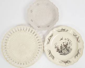 Antique 3 English Creamware Transfer Print Reticulated Pottery Plates