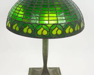 Antique Bigelow Kennard Bronze Table Lamp w Leaded Green Glass Leaf Motif Shade