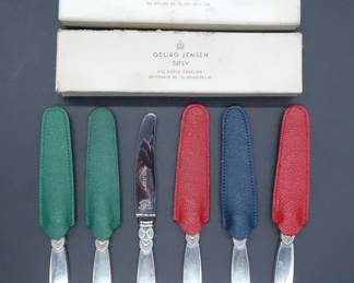 Vintage Set of 6 Georg Jensen Sterling Silver Cactus Hors D'oeuvres Knives w Orig Boxes No Mono