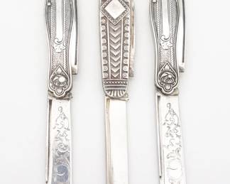 Antique Lot of 3 Victorian Coin and Sterling Silver Fruit Knives Medallion Head