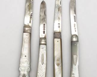 Antique Group 4 Carved Mother of Pearl MOP Sterling Silver English Fruit Knives