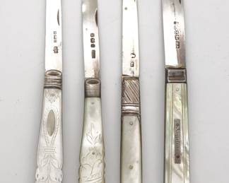 Antique Group 4 Carved Mother of Pearl MOP Sterling Silver Sheffield England Fruit Knives