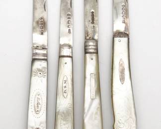 Antique Group 4 Carved Mother of Pearl MOP Sterling Silver English Fruit Sheffield Birmingham Knives