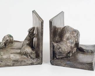 Art Deco A. Duchene Silvered Bronze Cat and Mouse Bookends