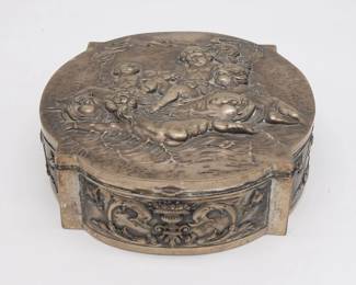 Antique Hungarian 800 Silver Repousse Lounging Cherubs Dresser Box