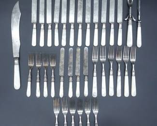 Antique Sterling Silver Mother of Pearl Fork and Knife 32 Piece Set Plus 3pc Carving Set
