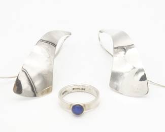 Vintage Ed Levin Sterling Silver Agate Ring and Large Modernist Dangle Earrings