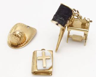 Vintage 14K Gold Charm Bracelet Charms incl Sewing Charm, Mother of Pearl Bible, Fireman's Hat