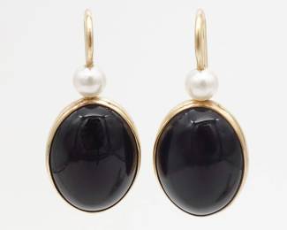 Vintage 14K Gold Ed Levin Pearl Onyx Cabochon Dangle Earrings
