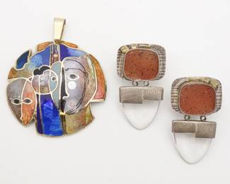 Vintage Studio Silver Druzy Earrings and Walter Belizario Signed Champleve Enamel Pendant