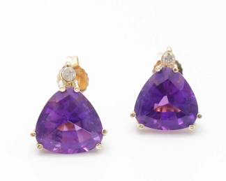 Vintage Pair 14K Gold Trillion Amethyst Diamond Earrings
