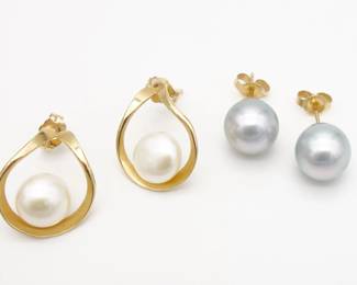 Vintage Two Pairs incl 14K Gold 9+mm Silver Cultured Pearl and Button Pearl Earrings