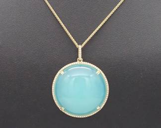 Vintage Getana 14K Gold Blue Agate Diamond Pendant Necklace