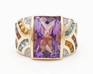 Designer John C Rinker 14K Gold Amethyst Diamond Citrine Topaz Garnet Ring Size 5.25