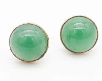 Vintage 14K Gold Green Jadeite Cabochon Stud Earrings