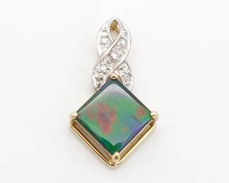 Vintage 14K Gold Ammolite Diamond Necklace Pendant