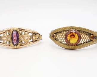 Antique Lot of 2 Victorian Large Jeweled Ornate Gold GF Filigree Cuff Bracelets