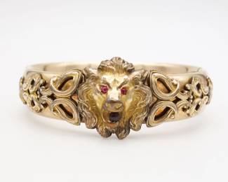 Antique Victorian Gold GF Jeweled Lion's Head Ornate Cuff Bracelet