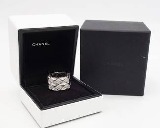 Vintage Designer Chanel "Matelasse" 18K White Gold Diamond Ring w Orig Boxes Size 6.5