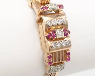 Large Vintage Retro 14K Rose Gold Ruby Diamond Ladies Bracelet Watch