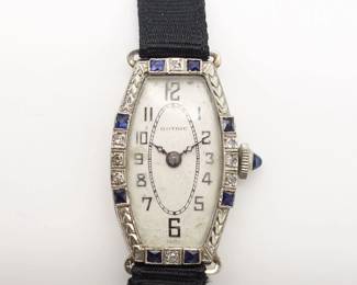 Vintage Art Deco 18K Gold Diamond Sapphire Gothic 15J Ladies Wristwatch w Orig Box