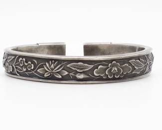 Antique Chinese Export Silver Heavy Bracelet w Bird, Flower, Leaf, Insect Motif