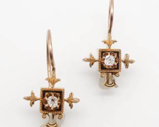 Antique Pair 14K Gold Diamond Enamel Etruscan Revival Dangle Earrings