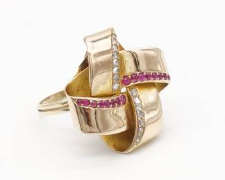 Vintage Retro 14K Rose Gold Ruby Diamond Ribbon Weave Ring Size 8