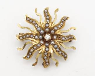 Antique Edwardian 14K Gold Diamond Seed Pearl Sunburst Starburst Brooch Pin 