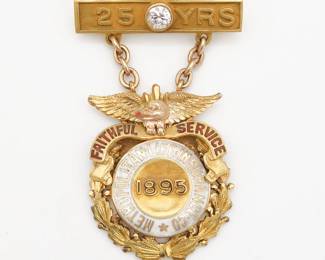 Antique Metropolitan Life Insurance 14K Gold Diamond Enamel 25 Yrs Faithful Service Medal