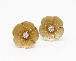 Antique Pair 14K Gold Diamond Poppy Blossom Stud Earrings