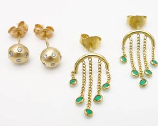 Vintage Two Pair 14K Gold Emerald Dangle and Diamond Earrings