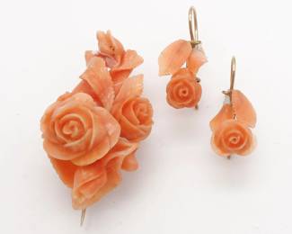 Antique Victorian 14K Gold Carved Coral Brooch Dangle Earrings Suite
