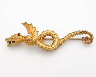 Antique Etruscan Revival 14K Gold Victorian Dragon Brooch
