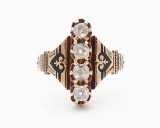 Antique Renaissance Revival 14k Gold Enamel 4 Diamond Ladies Ring w Provenance