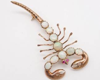 Vintage Sri Lanka Australian Opal Ruby 14K Rose Gold Scorpion Brooch Pin