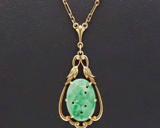Antique 14K Gold Chinese Carved Jadeite Lavaliere Necklace