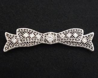 Antique Art Deco 14K White Gold Diamond Bow Brooch Pin