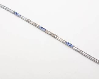 Antique Art Deco 14K White Gold Blue Sapphire Diamond Line Bracelet