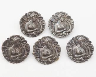 Antique 1902 Birmingham England Joseph Gloster Set of 5 Sterling Silver Fairy and Harp Buttons