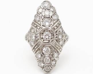 Antique Art Deco 14K White Gold Filigree Diamond Ladies Ring Size 8.25