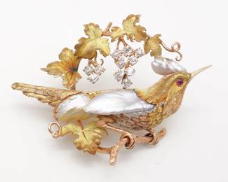 Vintage 14K Gold Diamond Pearl Body Bird Brooch Pin Firestone and Parsons Makers