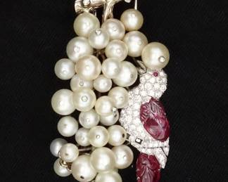 Antique Marchak Paris Platinum Diamond Ruby Pearl Bird In Grapes Clip Brooch