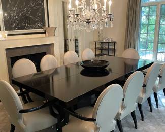 Set of 10 Upholstered Dining Chairs and Ebonized Table