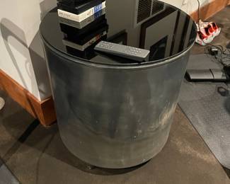 Pair of Modern Steel & Black Glass Drum Tables