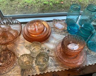 Pink Depression Glass, Blue Ball Jars